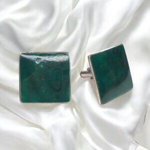 Vtg 1950s ABANA Mens Cufflink Emerald Green Jade Color Silvertone Base Square